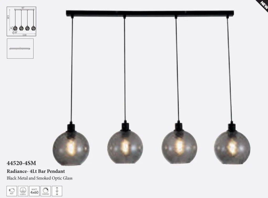 Lustra cu 4 pendule metal negru, sticla fumurie Radiance