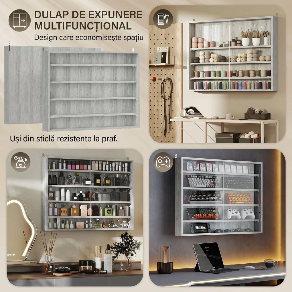 HOMCOM Dulap Tip Vitrină de Expoziție cu Rafturi Reglabile, Montată pe Perete, Negru | Aosom Romania