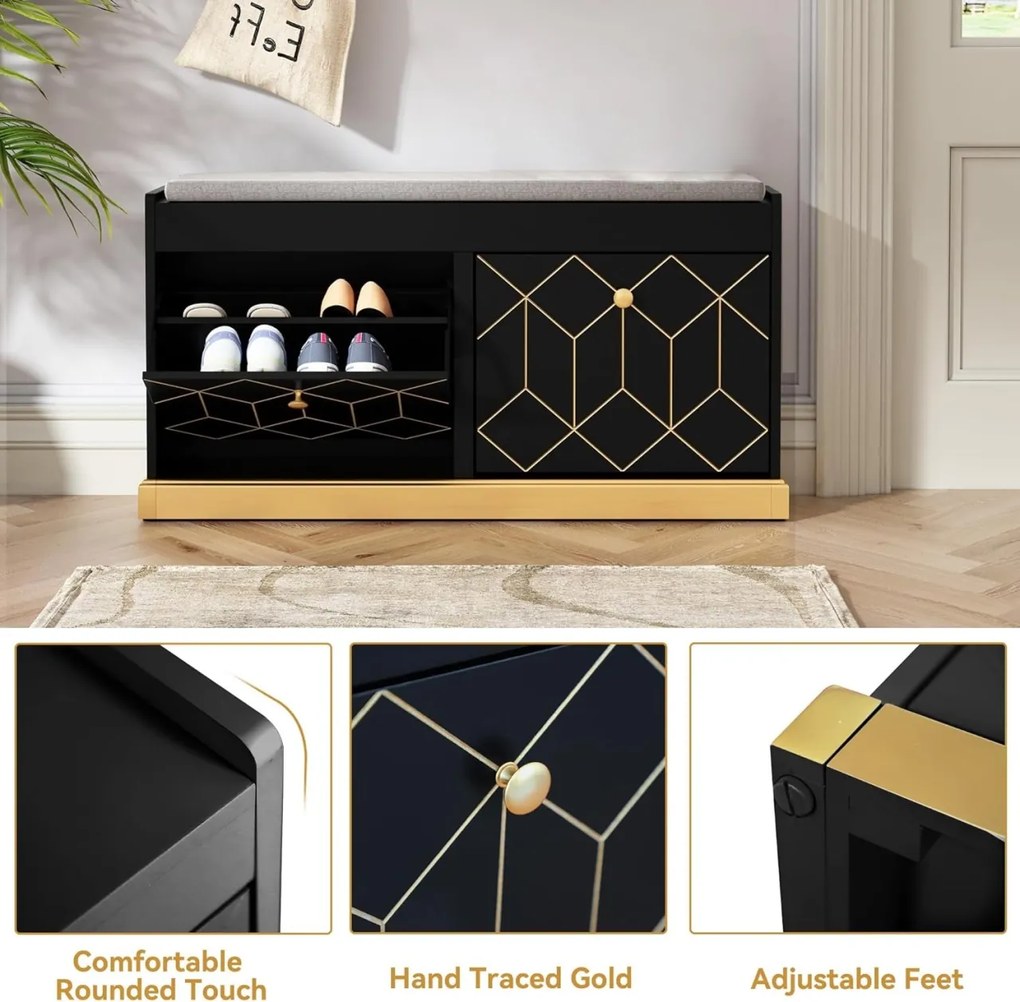 BAN247 - Bancuta hol 99 cm, banca pantofar, depozitare pantofi - Negru - Auriu