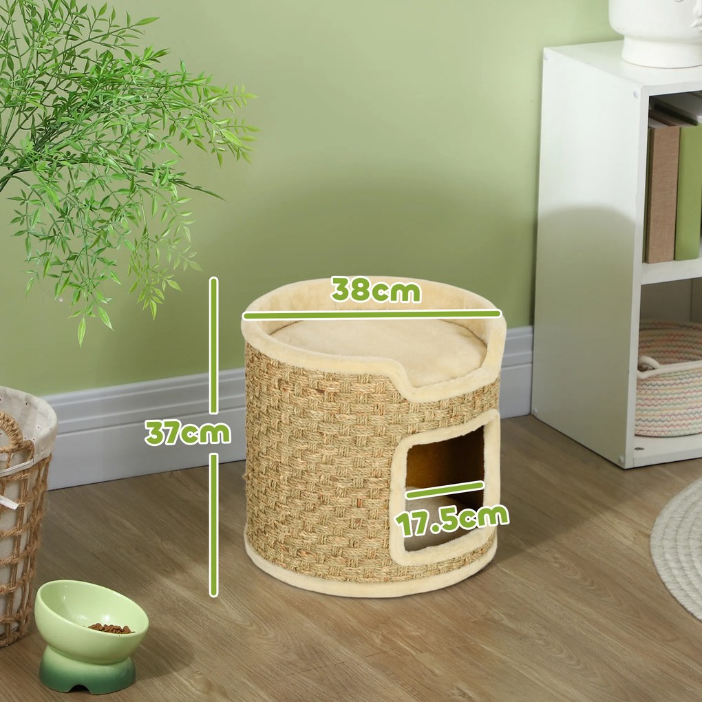 PawHut Ansamblu de Zgâriat pentru Pisici, 37 cm, 2 Niveluri, cu Ascunzătoare și Sfoară din Sisal, până la 5 kg, Kaki | Aosom Romania