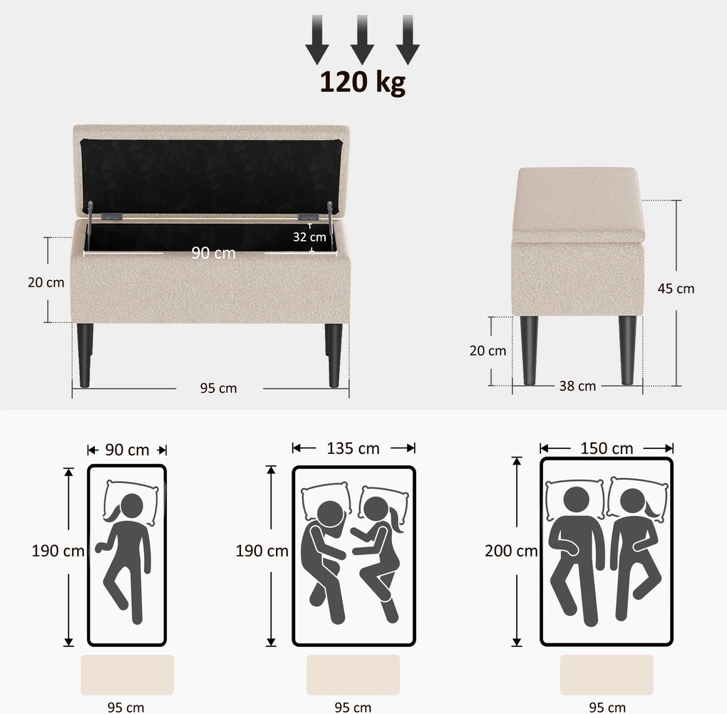 HOMCOM Scaun Modern cu Spațiu de Depozitare și Picioare din Lemn, Scaun Tapițat pentru Living sau Dormitor, 95x38x45 cm, Bej | Aosom Romania