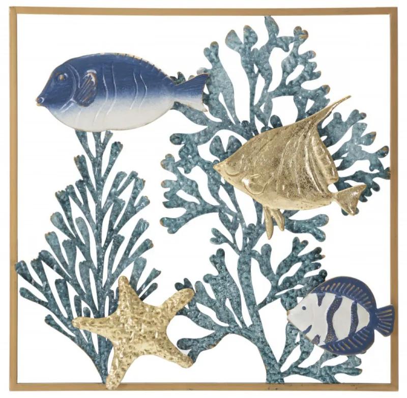 Decoratiune de perete albastra / aurie din metal, 50,1 x 3,8 x 50,1 cm, Fish Mauro Ferreti