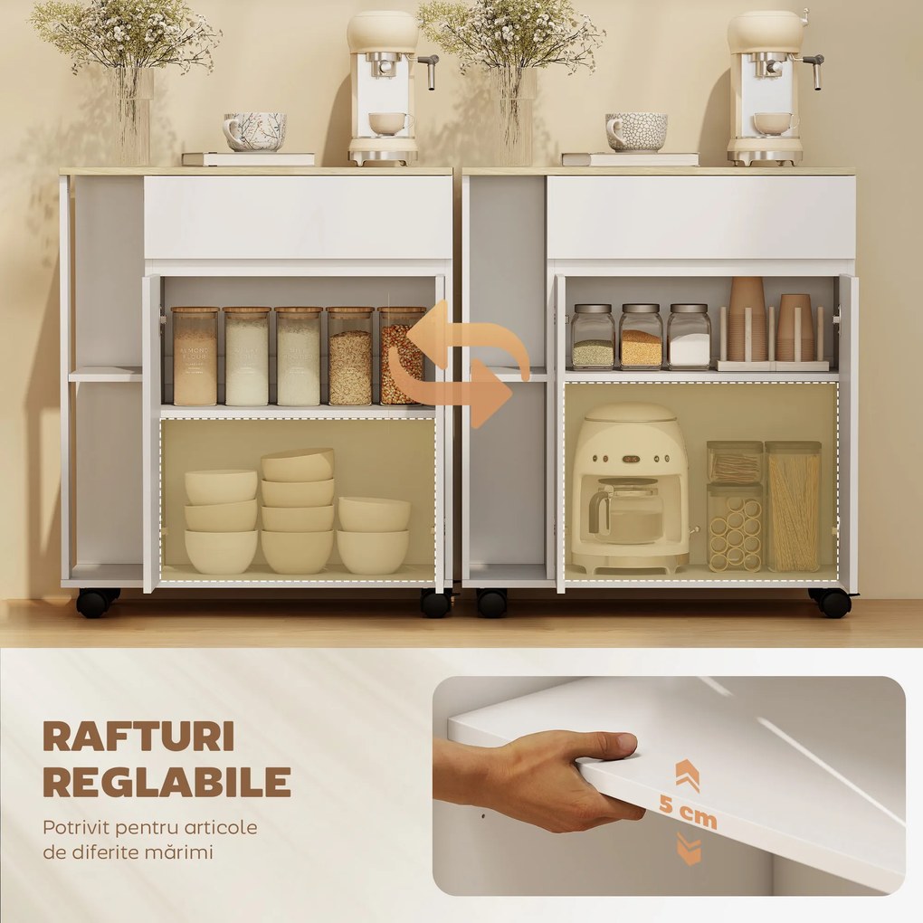HOMCOM Cărucior Bucătărie, Insulă Bucătărie cu Sertar, Dulap, 2 Rafturi Laterale și Rafturi Reglabile, Cărucior Multifuncțional din Lemn, 78x39,5x88,5 cm, Alb și Stejar | Aosom Romania