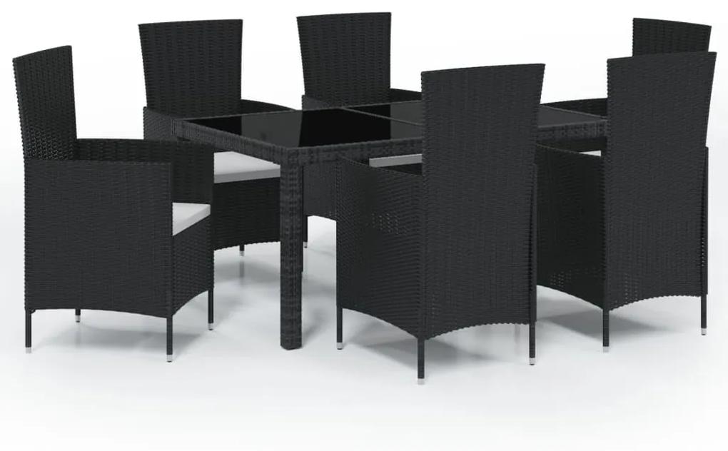 Set mobilier de exterior cu perne, 7 piese, negru, poliratan Negru, Lungime masa 150 cm, 7