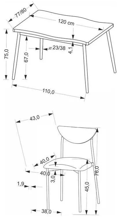 Set masă și scaune Pavia 4+1, lemn natural / gri