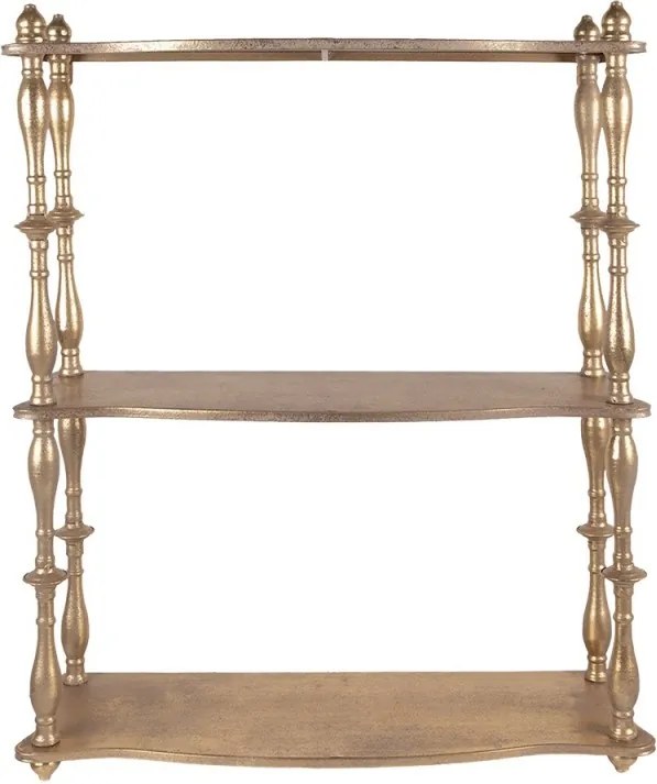 Etajeră de perete vintage din metal, auriu, cu 3 rafturi și coloane în formă de balustru, 76 x 60 x 22 cm, „Celestine”