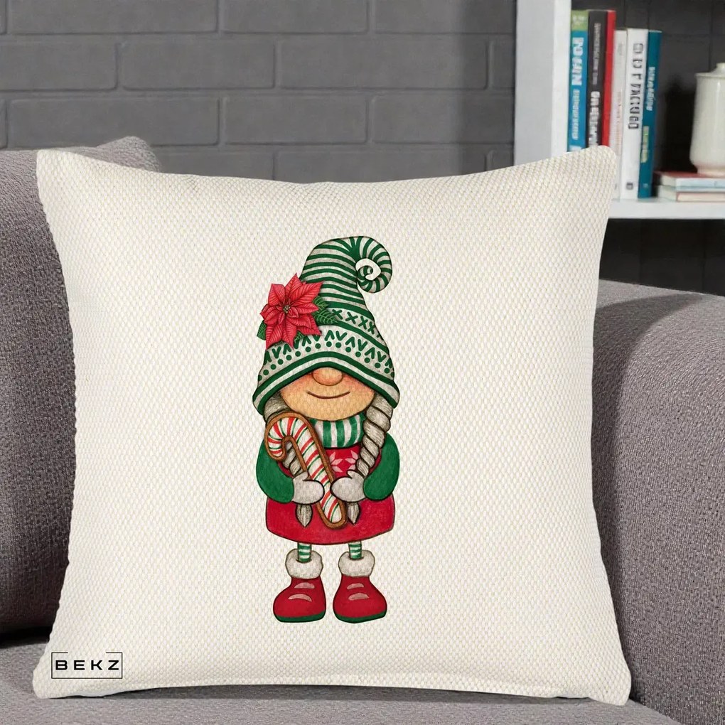Perna Decorativa Gnom Craciun Verde cu Bomboane si Floare, 40x40 cm, Crem Reliefat, Husa Detasabila, Perna Inclusa, BEKZ®