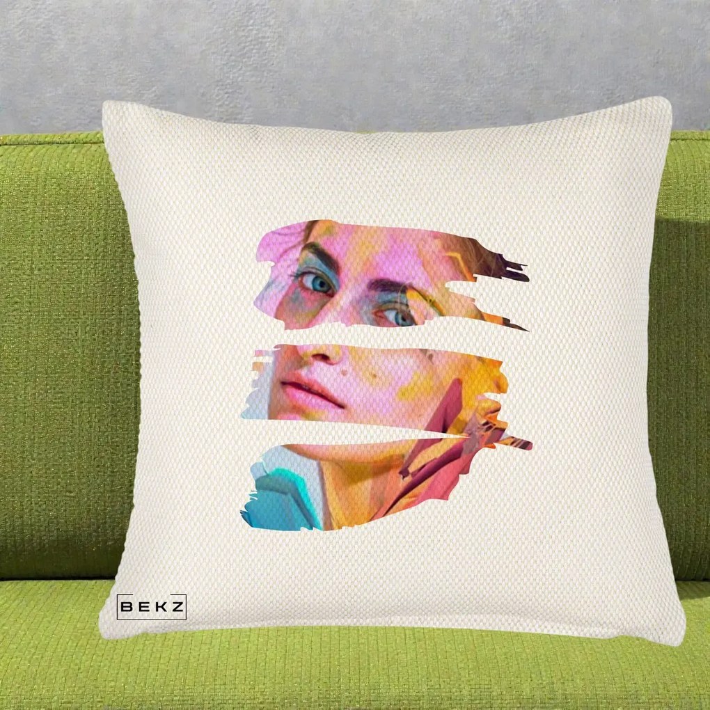 Perna Decorativa Portret Femeie Fragmentat Colorat, 40x40 cm, Crem Reliefat, Husa Detasabila, Perna Inclusa, BEKZ®