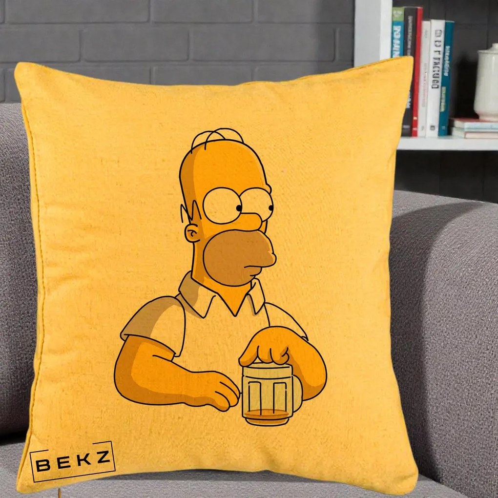 Perna Personalizata Homer Simpson cu Bere, 40x40 cm, Galben, Husa Detasabila, Perna Inclusa, BEKZ®