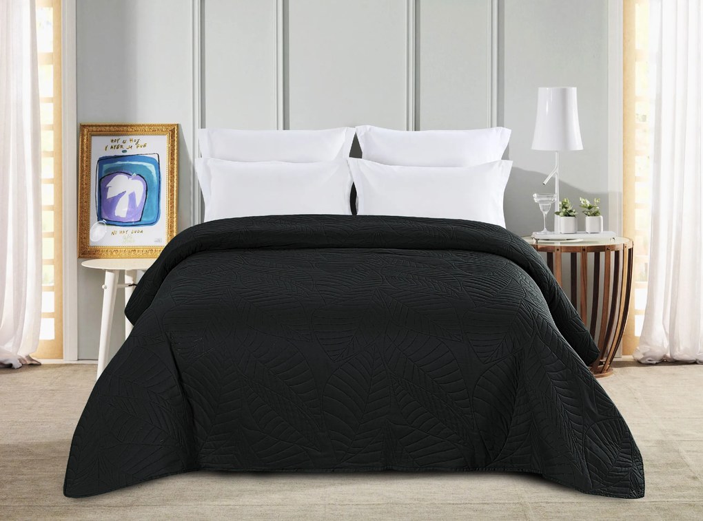 Cuvertura de pat neagra cu model LEAVES Dimensiune: 220 x 240 cm