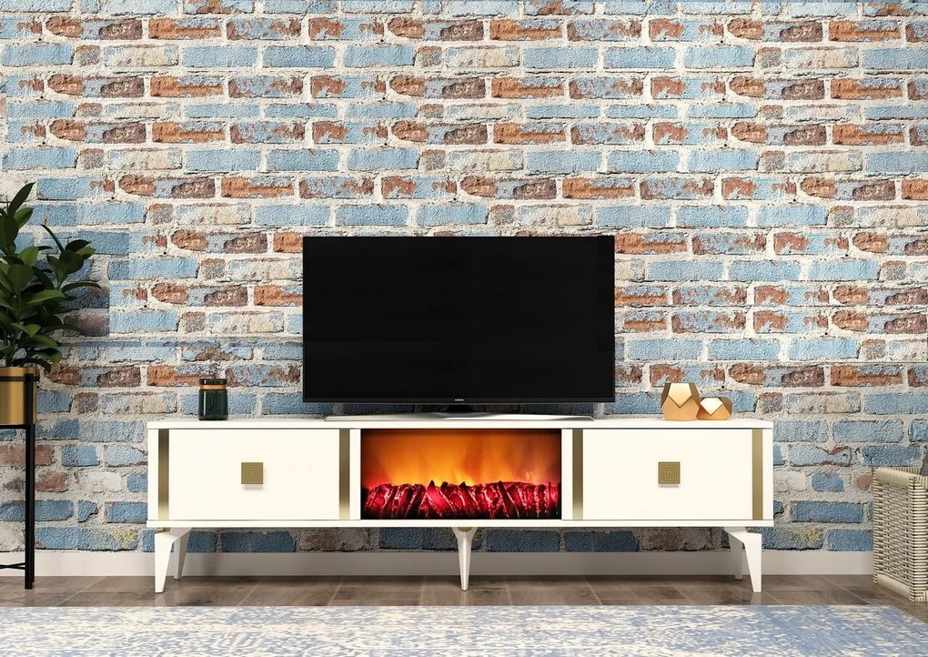 Comoda TV, Hanah Home, Doruk Fireplace, 150x44.6x29.6 cm, Alb/Auriu