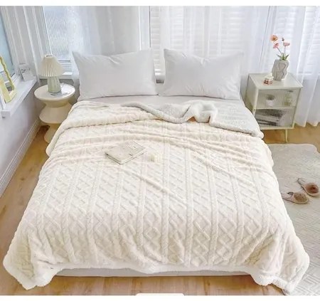 Patura cu blanita, model tricotat 200 x 230 cm, crem