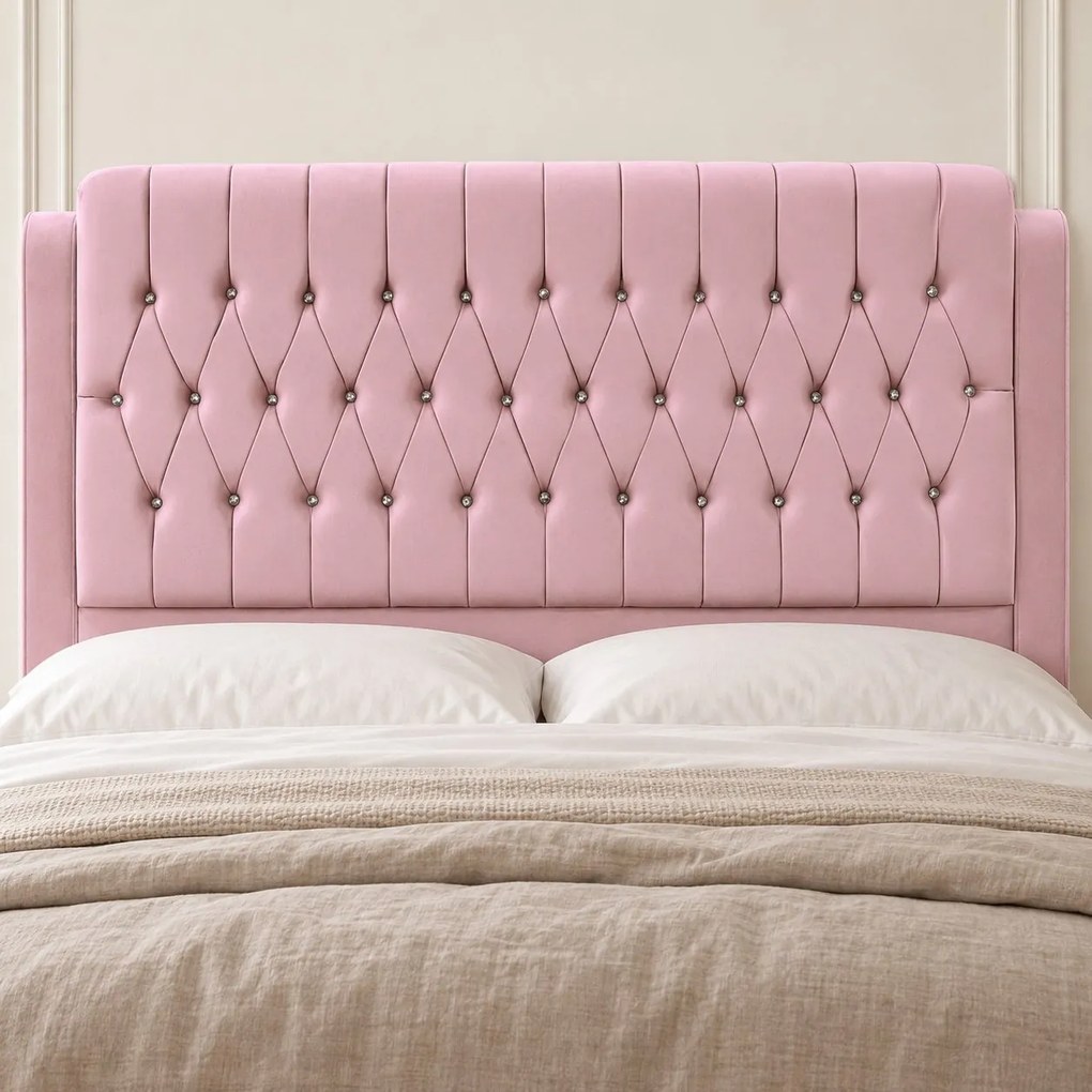 Pat tapițat Chesterfield din catifea Aveline Deluxe 140×200 cm, roz, cu ladă de depozitare