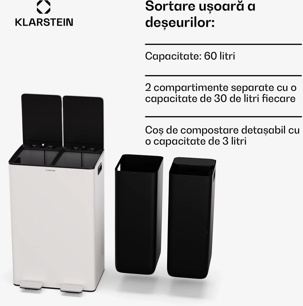 Klarstein EcoVista, coș de gunoi cu composter, 60 l + 3 l/coș + composter, Soft-Close