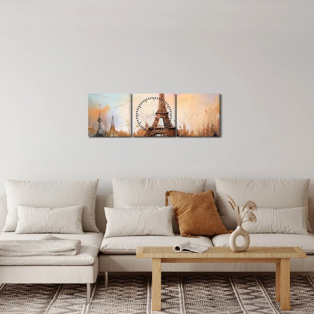 Tablou - Pictură a Turnului Eiffel (cu ceas) (90x30 cm)