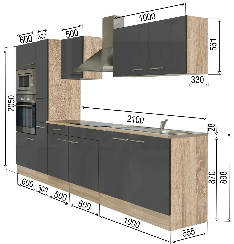 Mobilă de bucătărie Yorki 300, corp din stejar sonoma, cu față antracit satinat