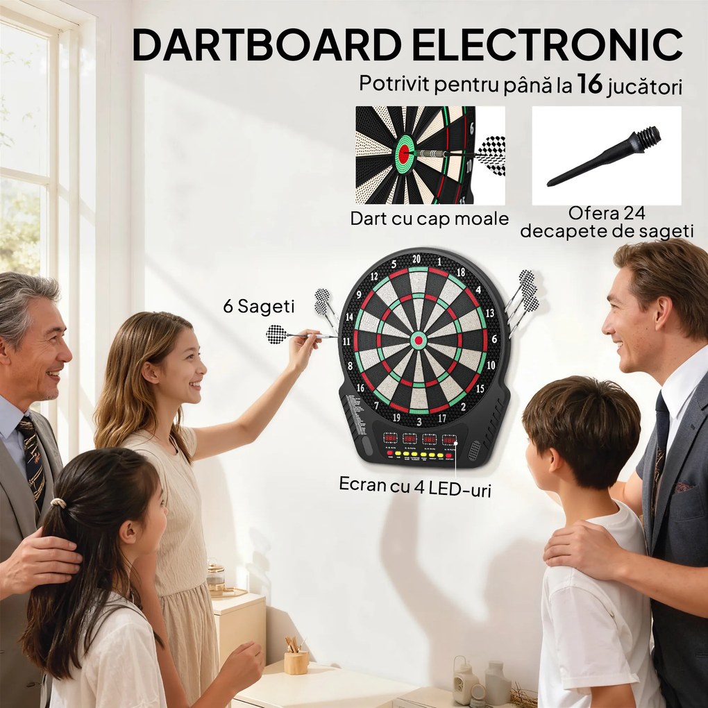 HOMCOM Țintă pentru Darts cu 6 Săgeți, Adaptor, 4 Afișaje LED și 27 de Jocuri, din ABS și PP, 44x51.5x3.2 cm, Negru | Aosom Romania