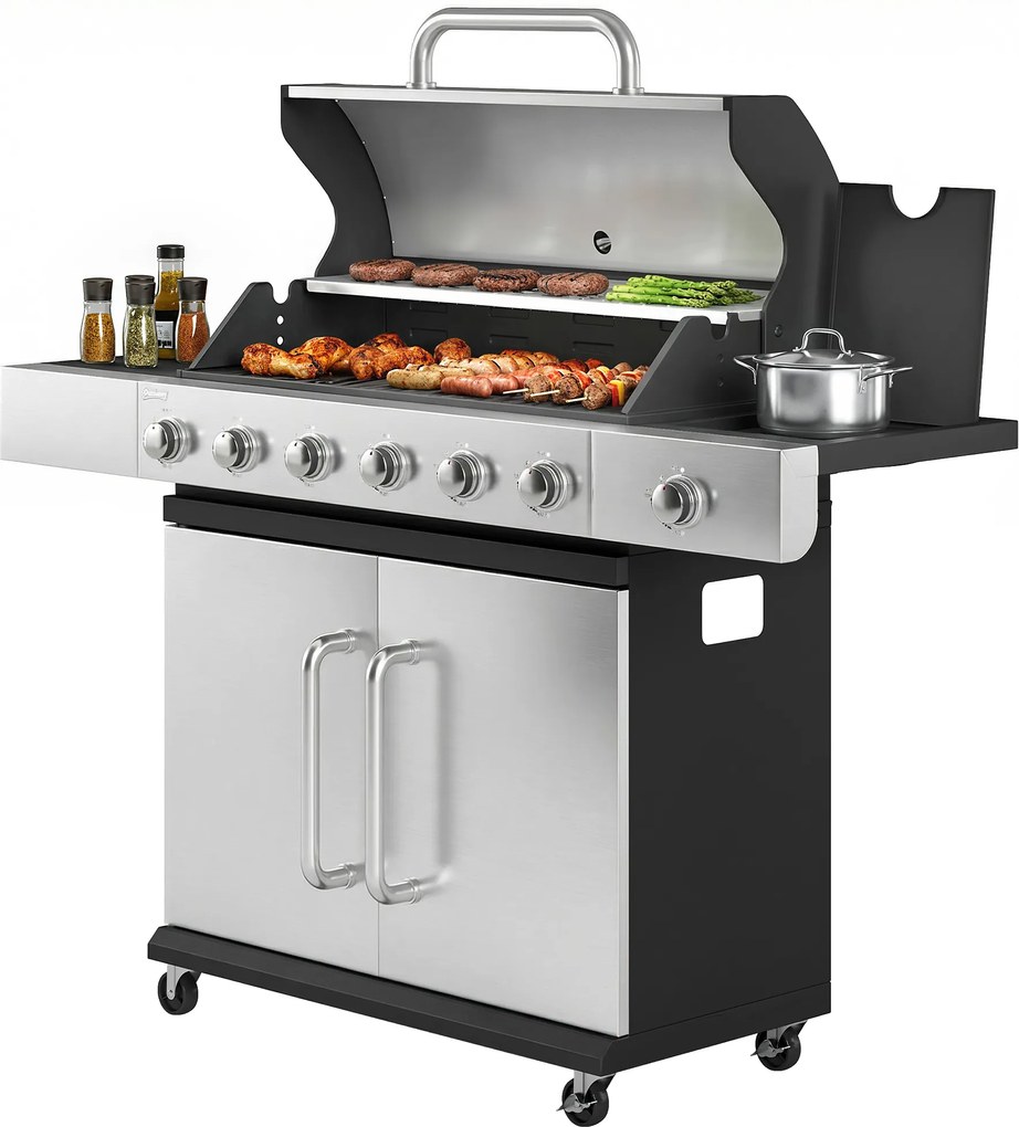 Outsunny Grătar pe gaz 18,6 kW 6+1 arzătoare, cărucior BBQ din oțel inoxidabil cu roți, termometru, raft încălzire, masă laterală, dulap inferior | Aosom Romania
