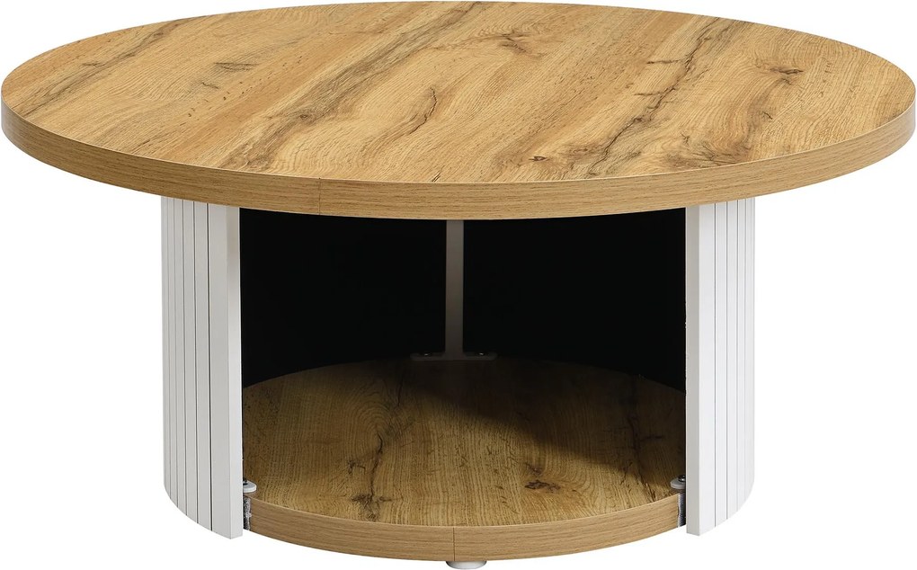 Set de 2 măsuțe de cafea rotunde, masă principală și măsuță laterală cu compartiment de depozitare, 75x75x50/45x45x35 cm, Culoare naturală