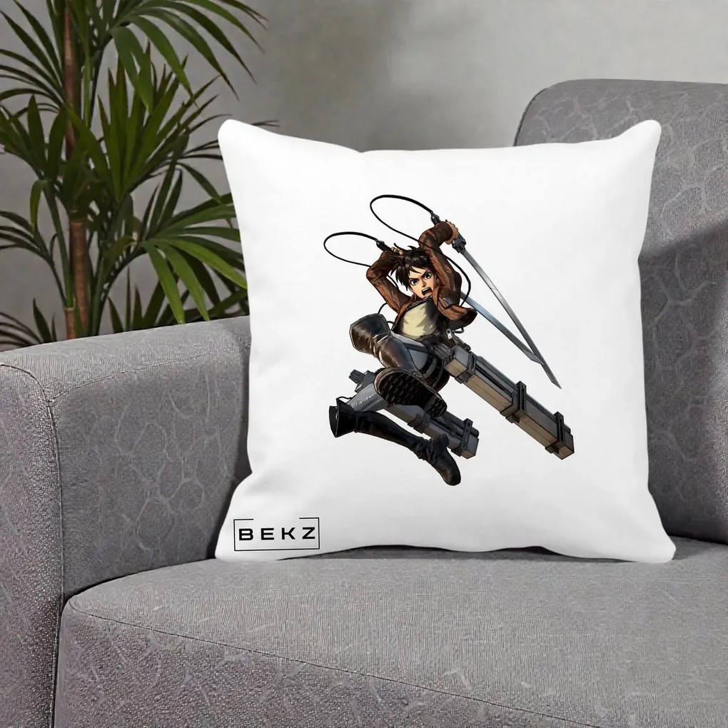 Perna Personalizata Attack on Titan Eren Yeager Lupta, 40x40 cm, Alba Mata, Husa Detasabila, Perna Inclusa, BEKZ®