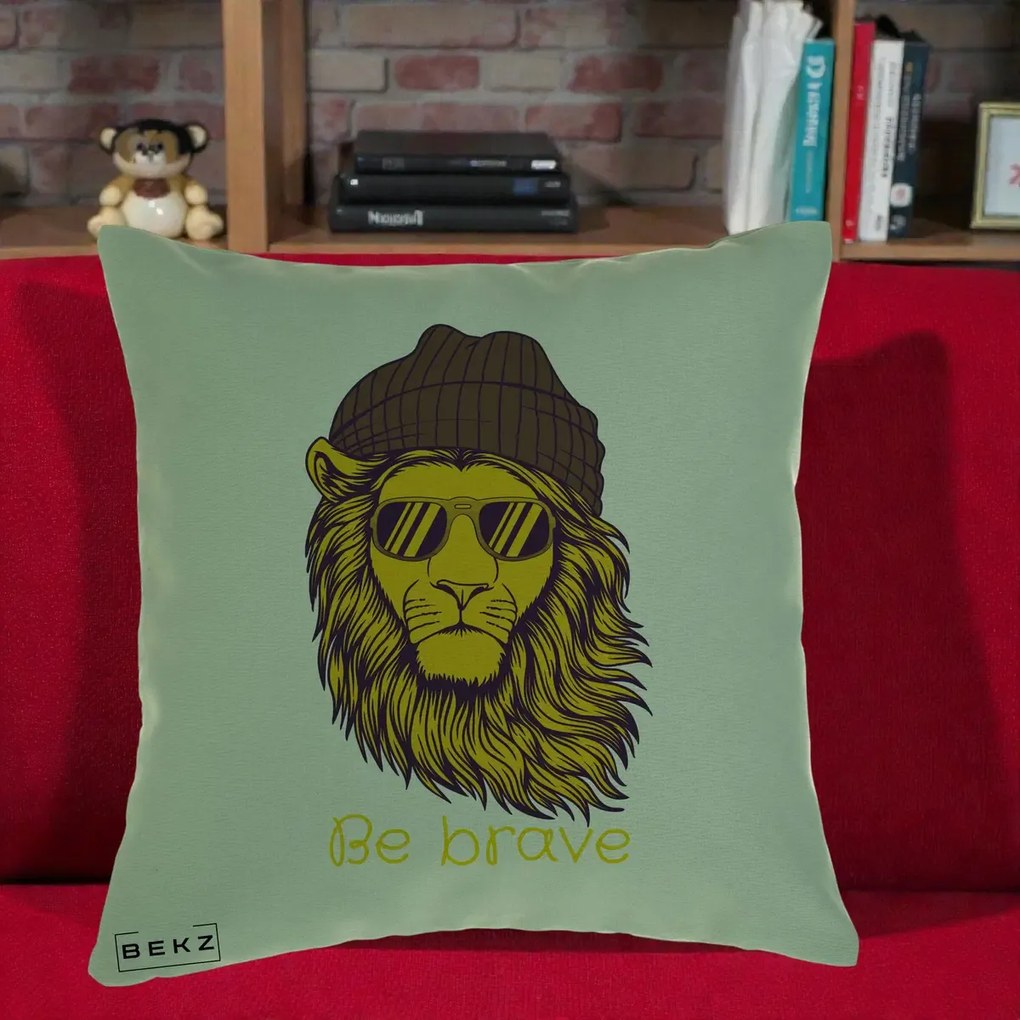 Perna Decorativa Leu Hipster Be Brave, 40x40 cm, Verde, Husa Detasabila, Perna Inclusa, BEKZ®