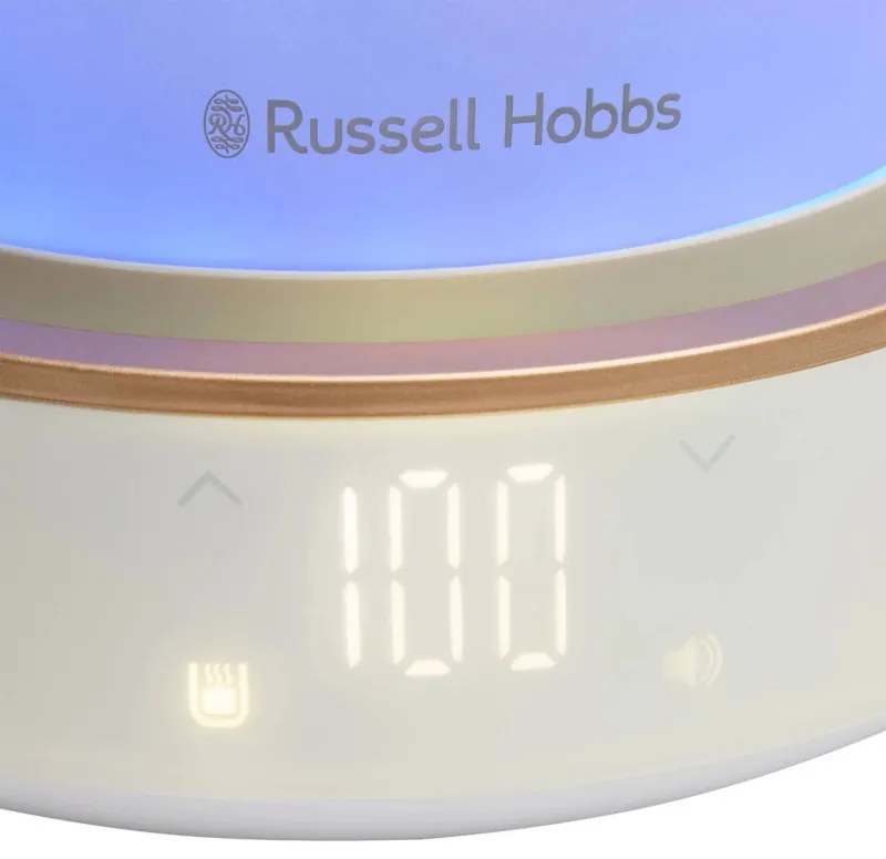 Russell Hobbs Calm Kettle 27450-70, 2400W, 1,7 l, 40-100°C, Fierbere silențioasă, butoane tactile, alerte sonore, 6 culori schimbătoare, Protect, fără BPA și PFAS, alb/dorat