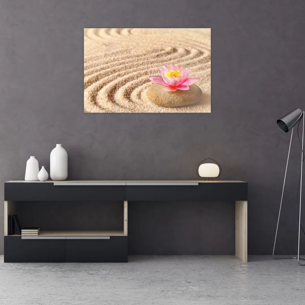 Tablou cu piatră și floare pe nisip (90x60 cm)