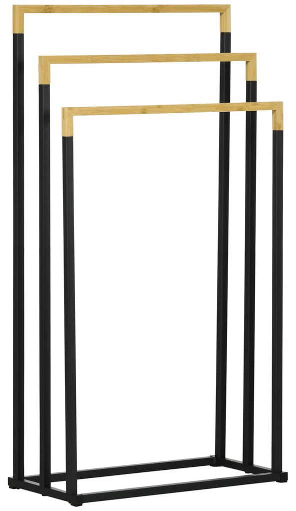 kleankin Suport pentru Prosoape cu 3 Bare din Bambus și Oțel, Design Autoportant, 45x22.5x86 cm, Negru și Lemn Natur | Aosom Romania