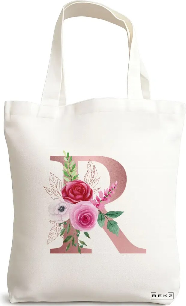 Sacosa de Panza pentru Cumparaturi, Geanta Tote, Cu litera R Rose Gold si Trandafiri, 38x34.5 cm, Alba, BEKZ®