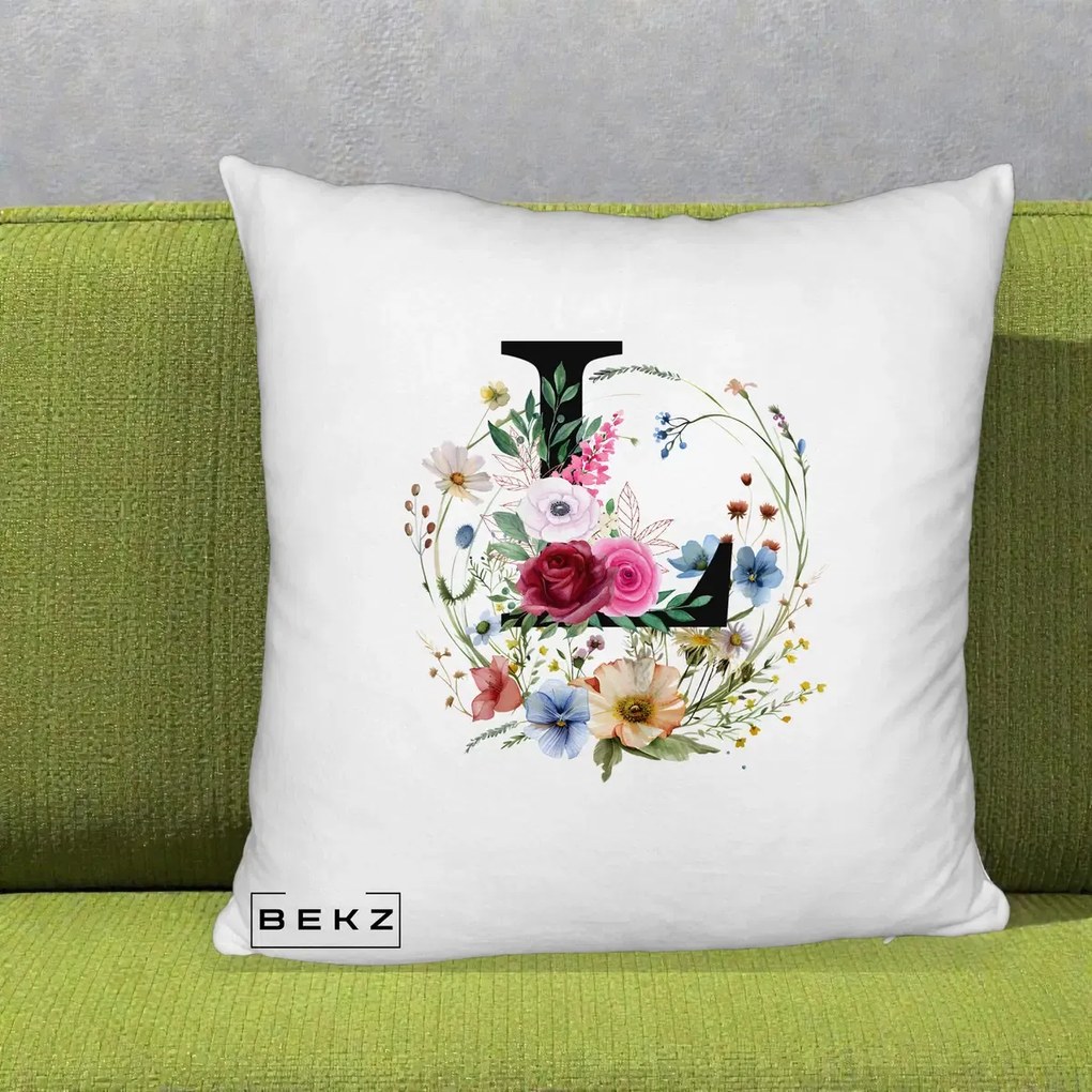 Cadou Personalizat - Perna Personalizata Monogram Litera L cu Flori Acuarela, 40x40 cm, Alb Pufos, Husa Detasabila, Perna Inclusa, BEKZ®