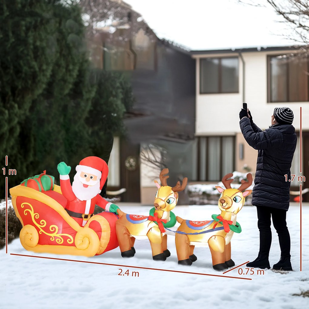 Outsunny Decorație de Crăciun Gonflabilă de 2,4 m pentru Exterior, Moș Crăciun Gonflabil cu Sanie și Reni, 6 Lumini LED și Suflantă, pentru Grădină și Interior | Aosom Romania