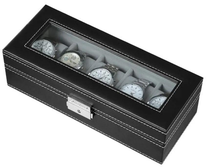 Cutie pentru 5 ceasuri capac sticla captuseala catifea gri piele ecologica negru