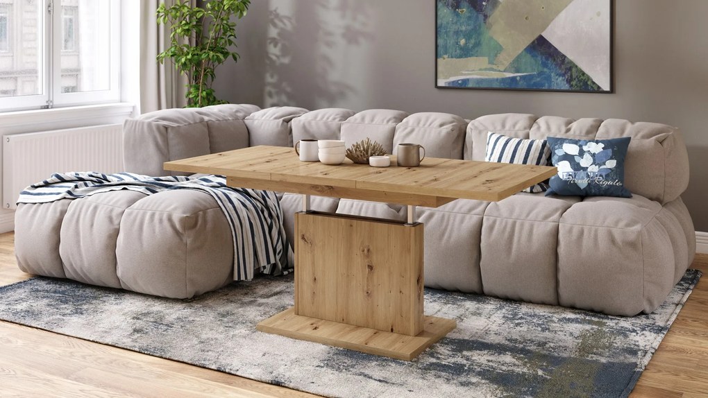 Mazzoni ASTON MINI Stejar Artisan - MĂSUȚĂ DE CAFEA MODERNĂ EXTENSIBILĂ REGLABILĂ PE ÎNĂLȚIME MASĂ TRANSFORMABILĂ