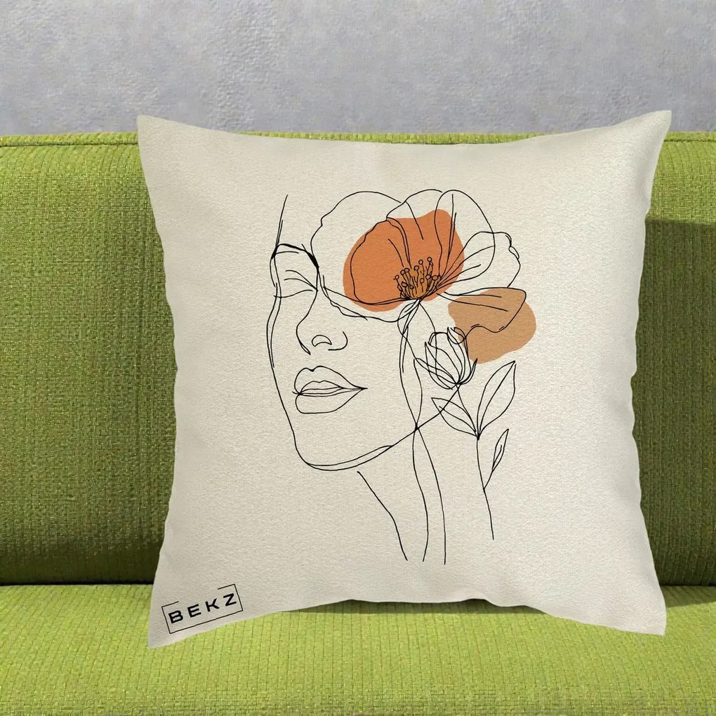 Perna Decorativa Portret Feminin Mac Profilat, 40x40 cm, Ecru, Husa Detasabila, Perna Inclusa, BEKZ®