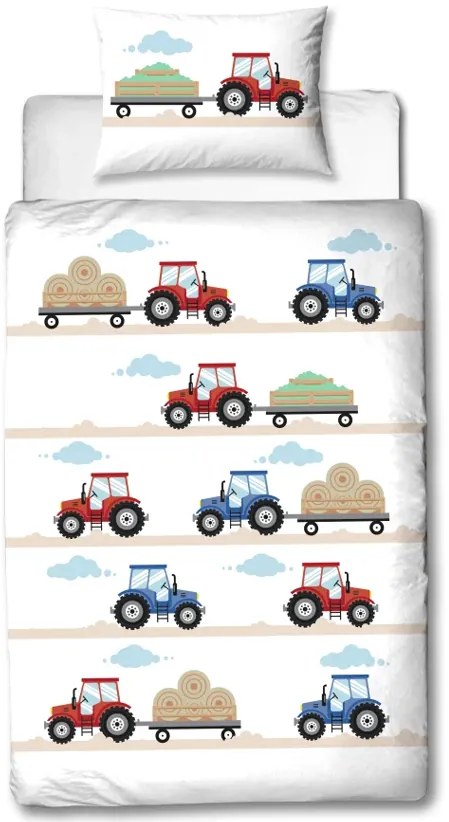 Lenjerie de pat flanelata pentru copii TRACTOR alba Dimensiune lenjerie de pat: 80 x 80 cm | 135 x 200 cm