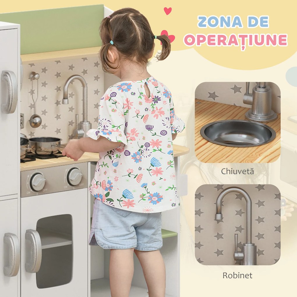 AIYAPLAY Set de Joaca de Bucatarie de Jucarie, cu Telefon, Aparat de Gheata, Aragaz, Chiuveta, Ustensile, pentru Copii de 3-6 ani, Alb | Aosom Romania