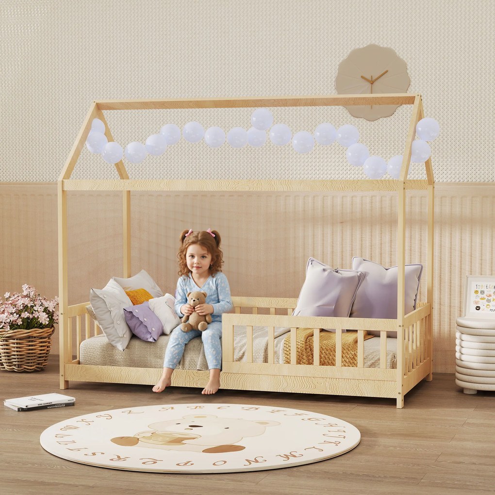 HOMCOM Pat pentru Copii din Lemn de Pin, 96x195x165 cm, Culoare Lemn | Aosom Romania