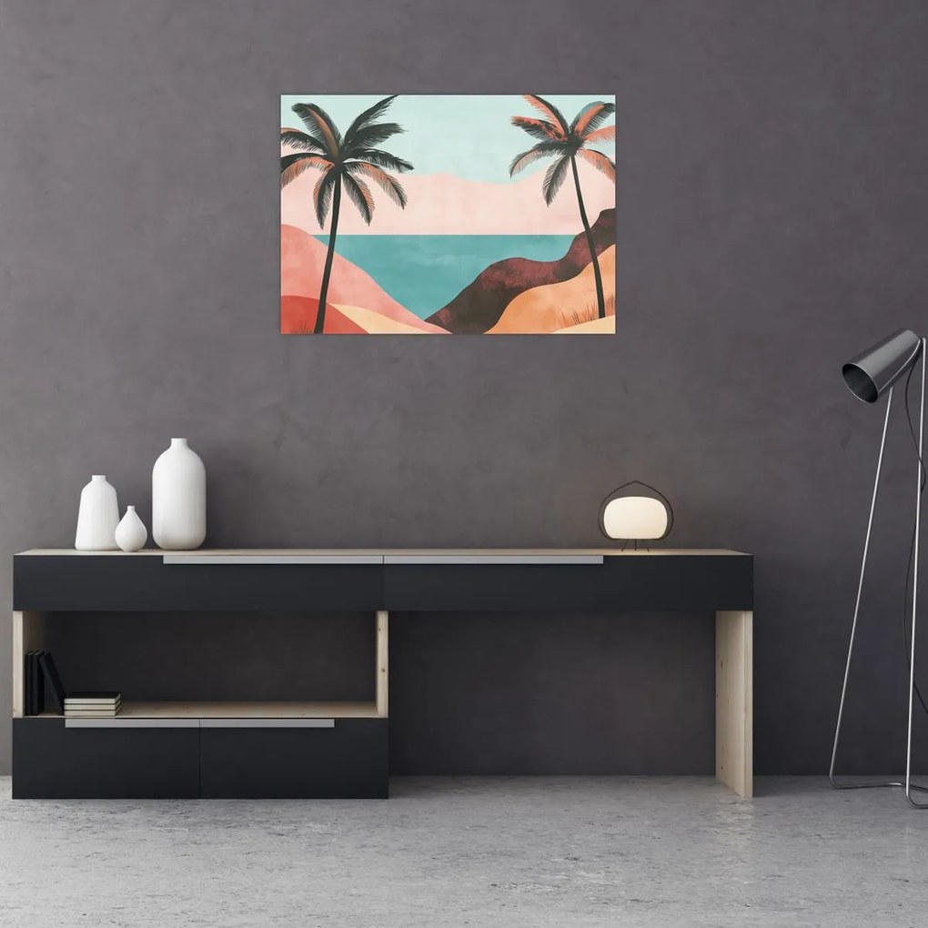 Tablou pe sticlă - Palmieri la mare (70x50 cm)