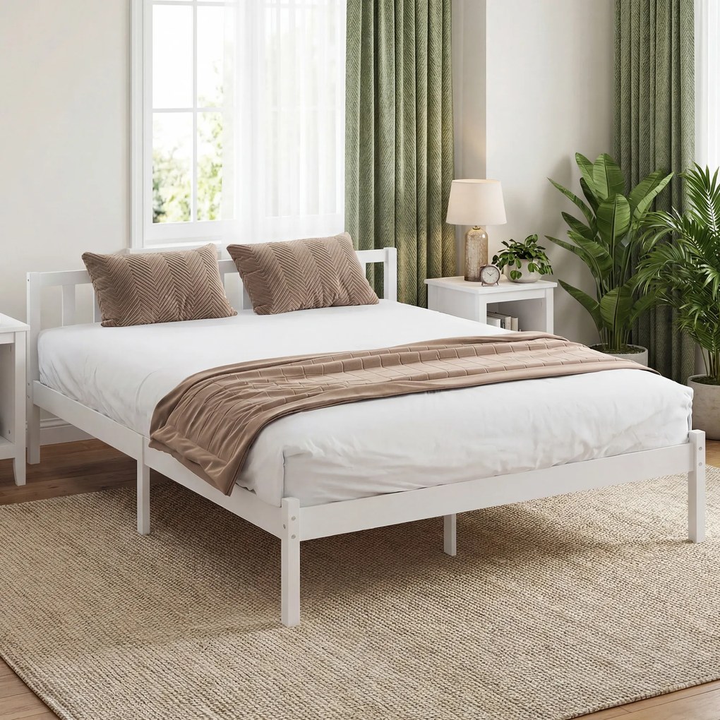 HOMCOM Cadru de pat din lemn masiv 140x190 cm pat simplu cu tăblie și somieră cu lamele solidă pentru copii și adulți | Aosom Romania