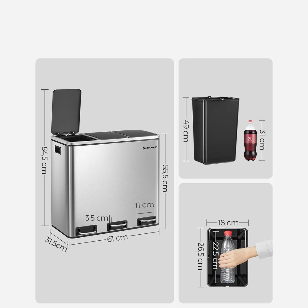 Coș pentru sortarea deșeurilor SORT 54l (3x18 l), argintie SongmicsHome