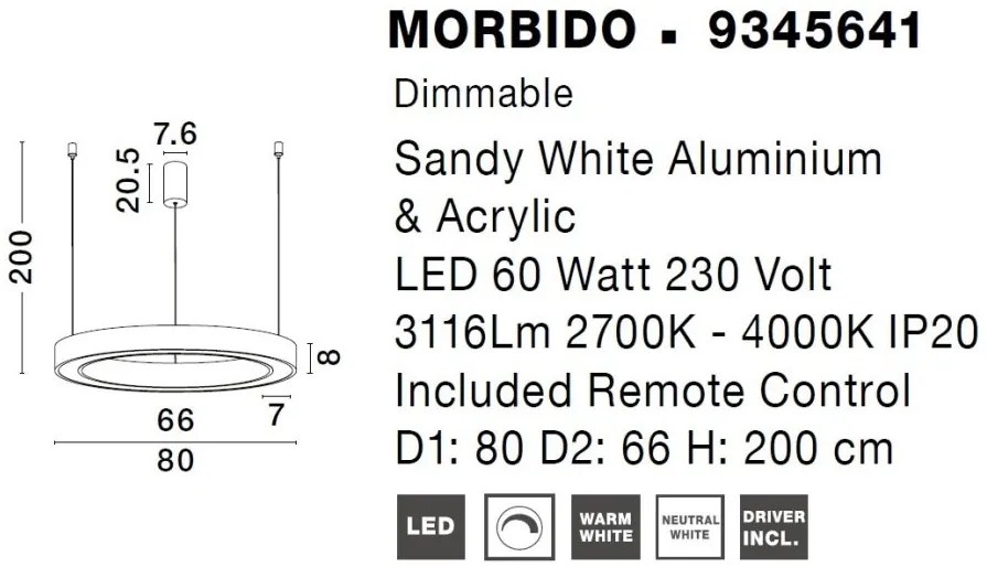 Pendul LED dimabil design modern MORBIDO alb 80cm