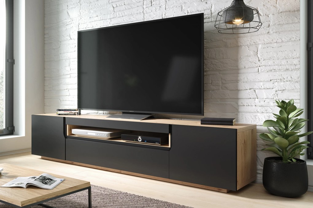 Comodă TV Loftia 200 cm cu două uși și nișă - artisan / negru mat