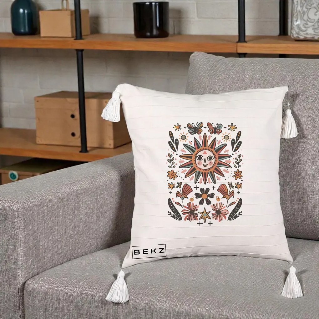 Perna Decorativa Soare Boho Folk Fluturi, 40x40 cm, Bej cu Franjuri, Husa Detasabila, Perna Inclusa, BEKZ®