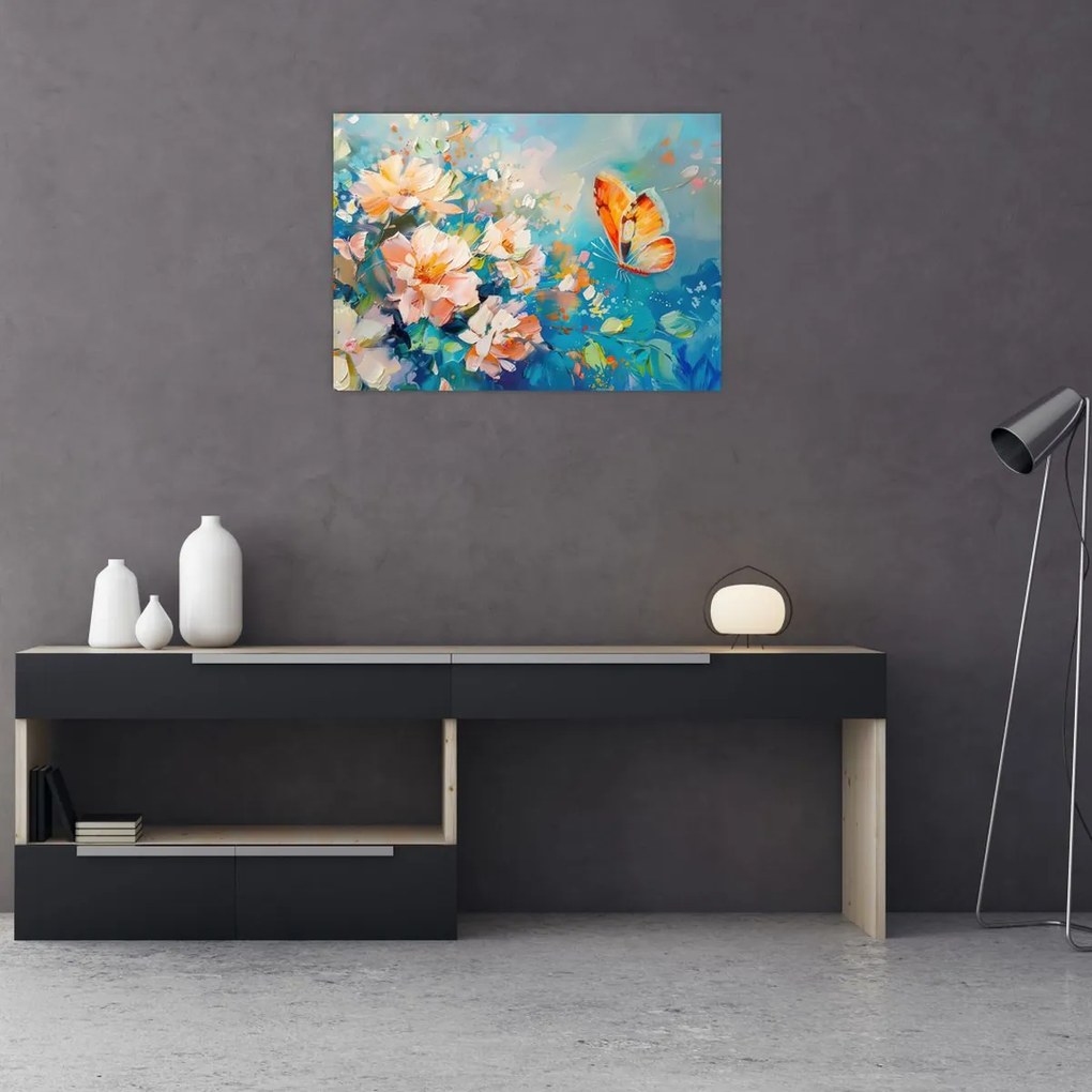 Tablou pe sticlă - Fluture și flori, pictură în ulei II. (70x50 cm)