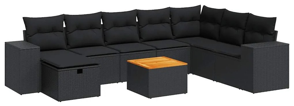 3325884 vidaXL Set mobilier de grădină cu perne, 9 piese, negru, poliratan