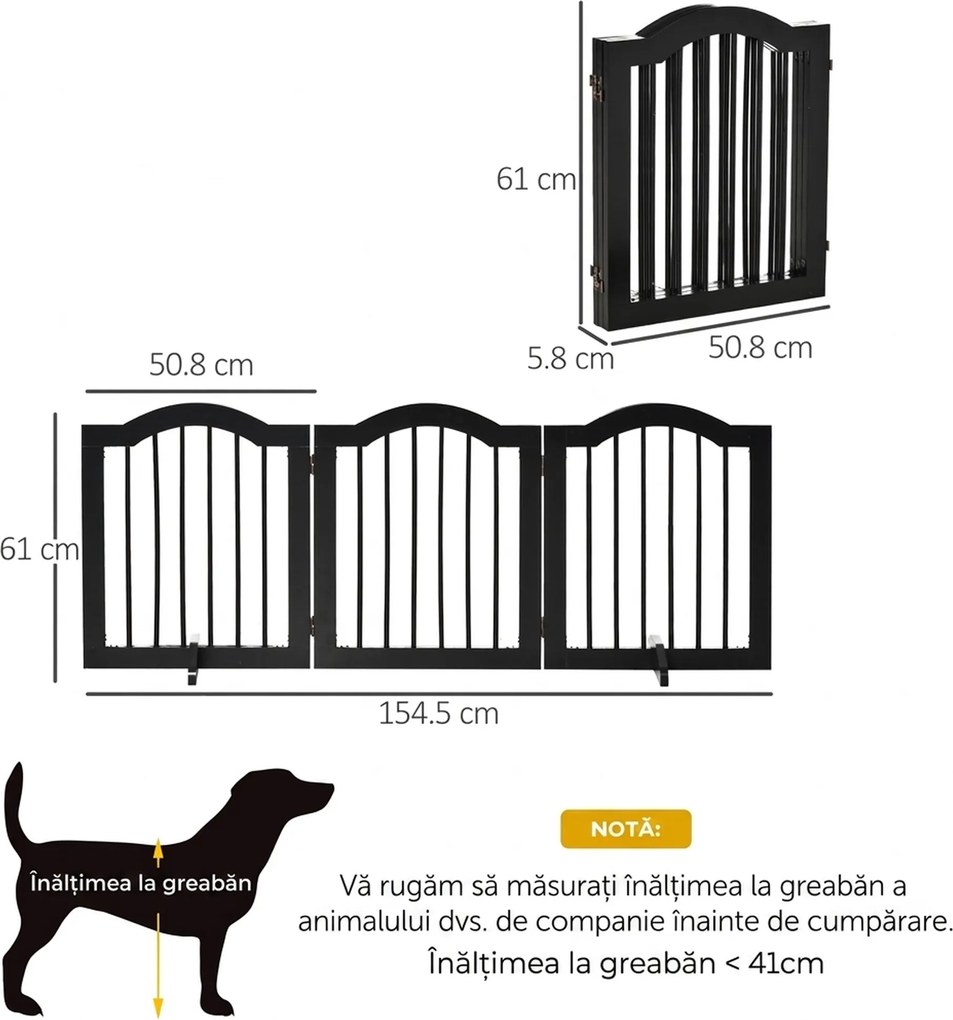 PawHut Barieră Pliabilă pentru Câini din Lemn, 3 Secțiuni, 154,5x29,5x61 cm, Negru | Aosom Romania
