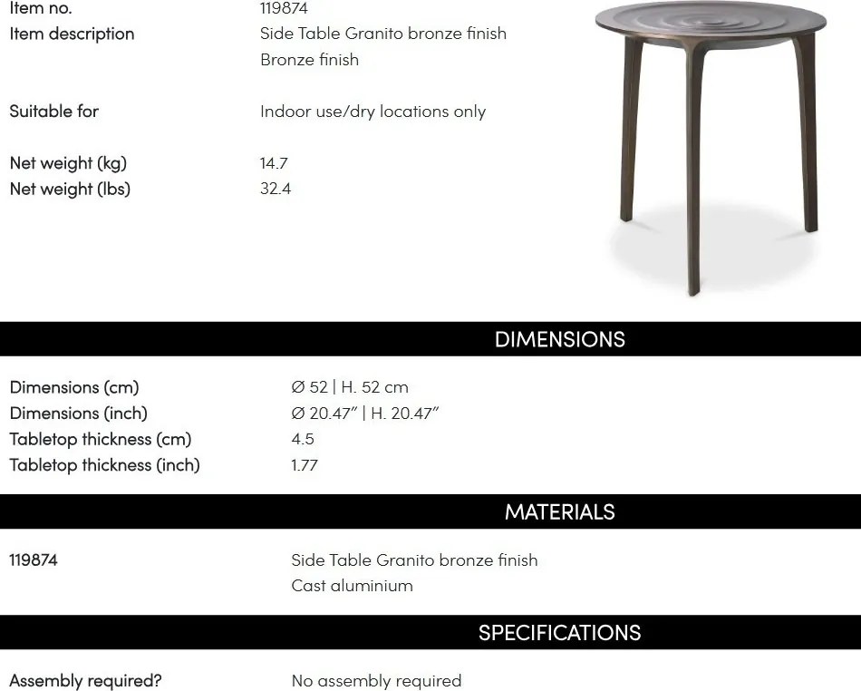 Masuta auxiliara LUX, Aluminiu turnat, Granito