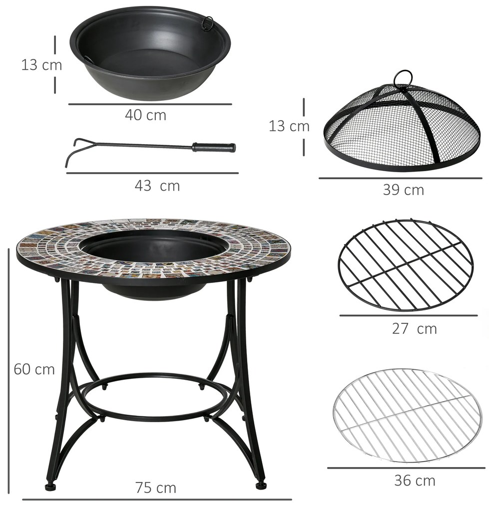 Brazier in aer liber Outsunny 3 in 1 Masuta de Gradina si Gratar pentru Barbecue din Metal si Ceramica, cu Vatrai, 75x75x60cm