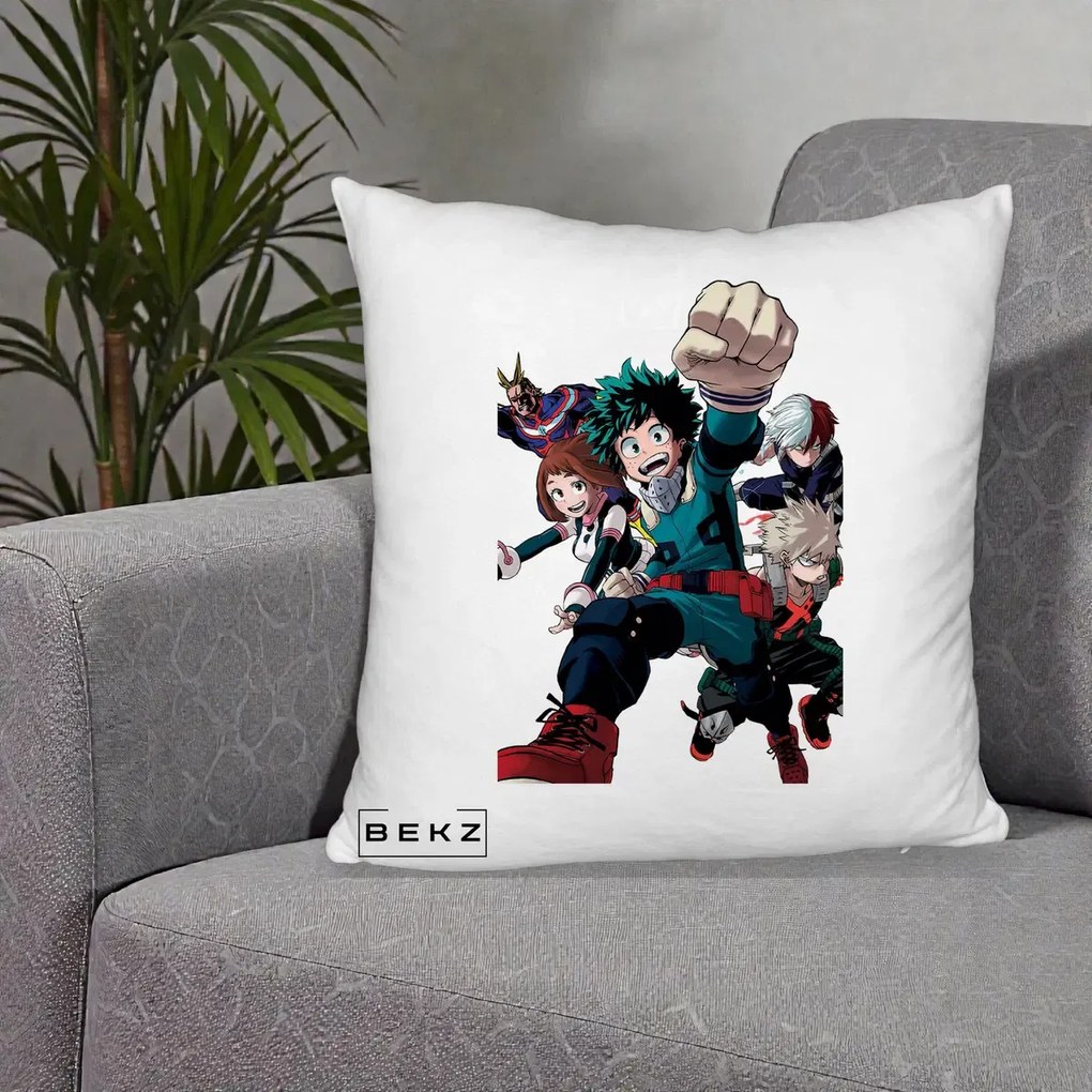 Perna Personalizata My Hero Academia Izuku Deku si Echipa, 40x40 cm, Alb Pufos, Husa Detasabila, Perna Inclusa, BEKZ®
