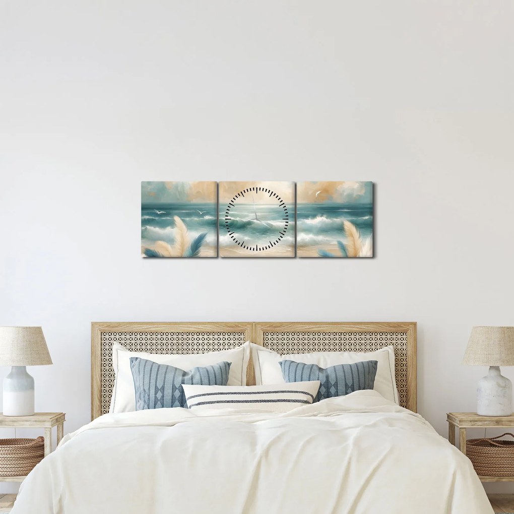 Tablou – Plajă pictată în culori delicate (cu ceas) (90x30 cm)